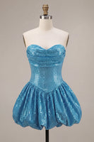 Load image into Gallery viewer, Sparkly Blue A Line Strapless Sequin Short Cocktail Dress