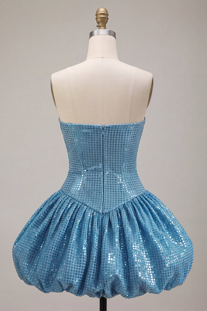 Load image into Gallery viewer, Sparkly Blue A Line Strapless Sequin Short Cocktail Dress