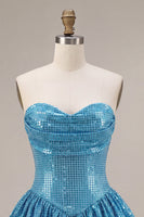 Load image into Gallery viewer, Sparkly Blue A Line Strapless Sequin Short Cocktail Dress