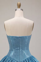 Load image into Gallery viewer, Sparkly Blue A Line Strapless Sequin Short Cocktail Dress