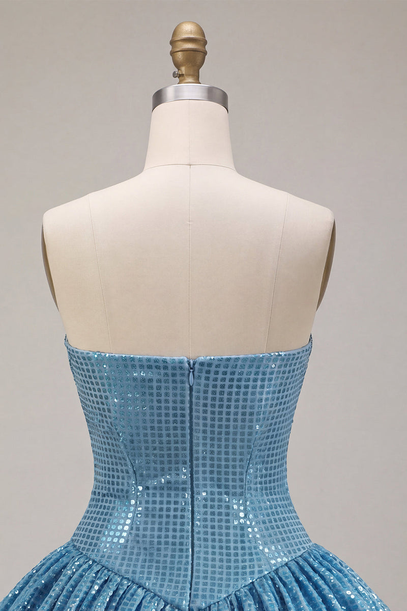 Load image into Gallery viewer, Sparkly Blue A Line Strapless Sequin Short Cocktail Dress