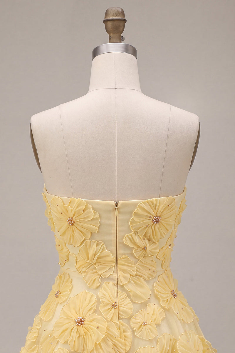 Load image into Gallery viewer, Sparkly Light Yellow A Line Sweetheart Short Cocktail Dress with 3D Flowers