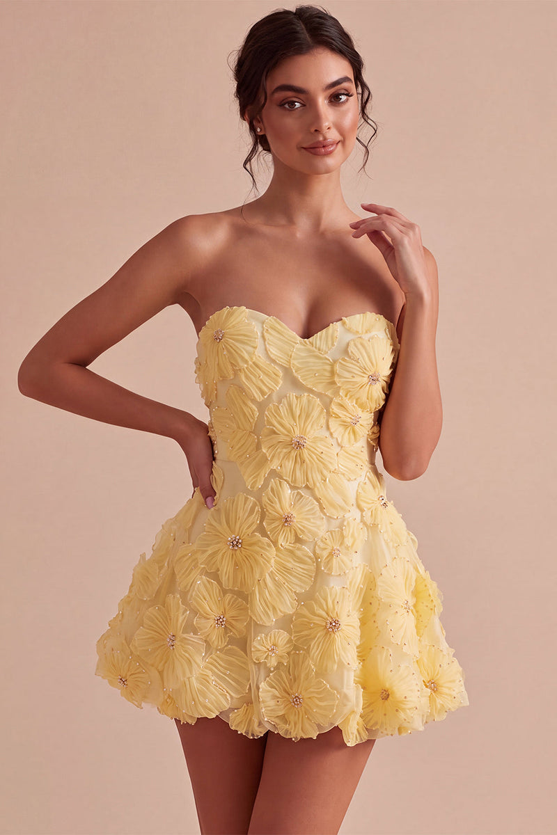 Load image into Gallery viewer, Sparkly Light Yellow A Line Sweetheart Short Cocktail Dress with 3D Flowers
