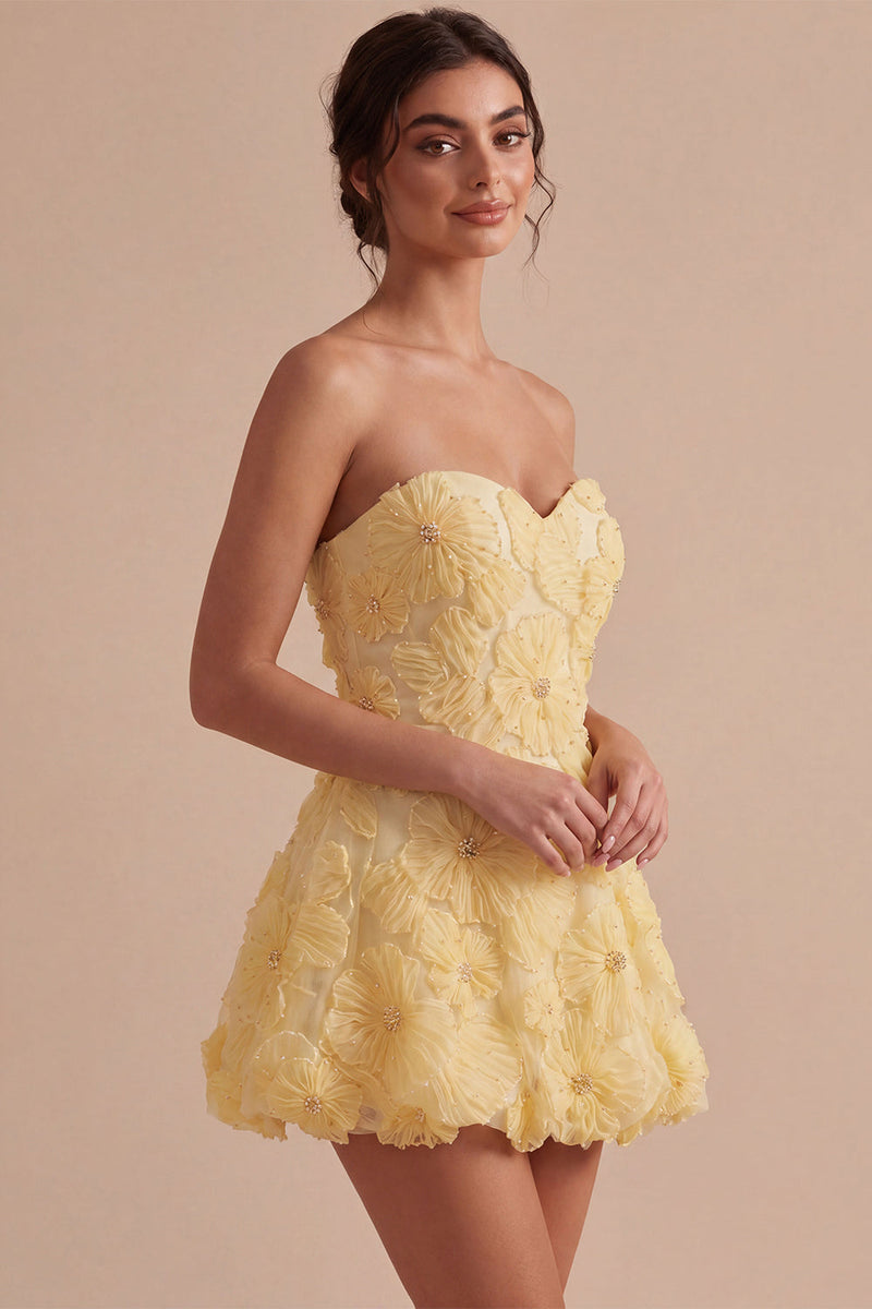 Load image into Gallery viewer, Sparkly Light Yellow A Line Sweetheart Short Cocktail Dress with 3D Flowers