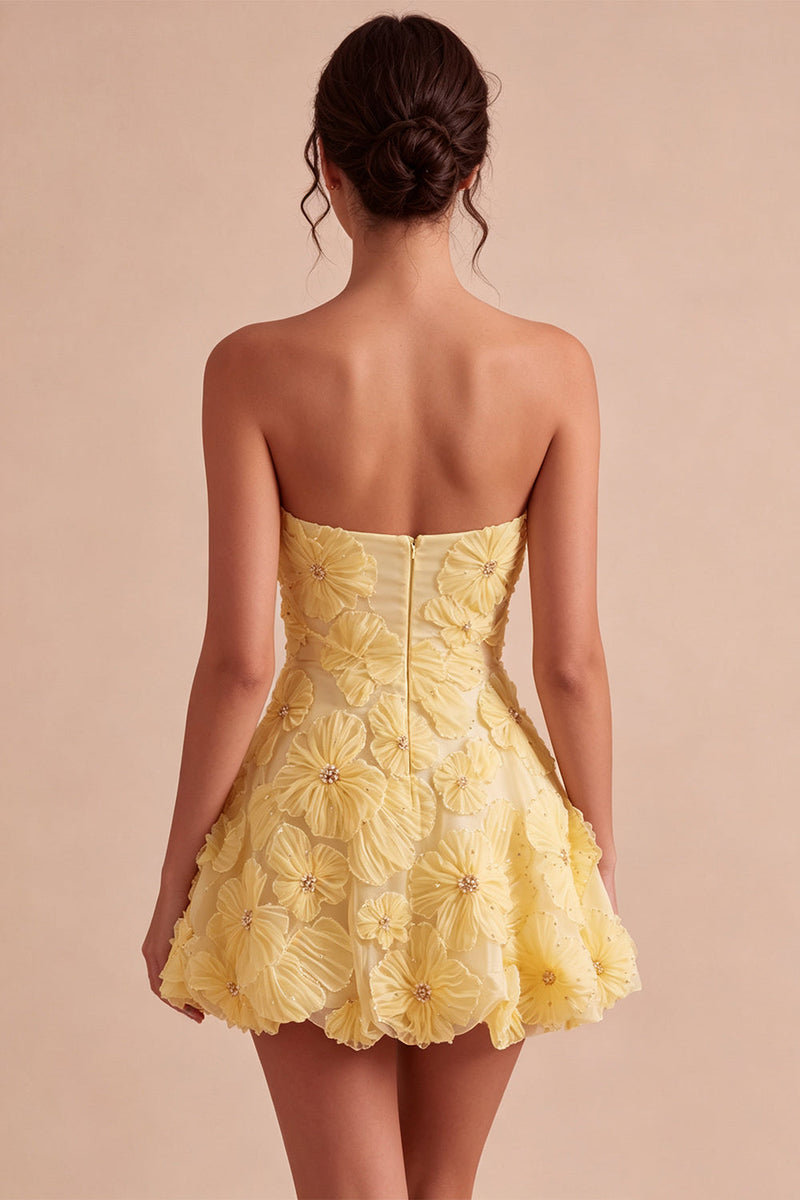 Load image into Gallery viewer, Sparkly Light Yellow A Line Sweetheart Short Cocktail Dress with 3D Flowers