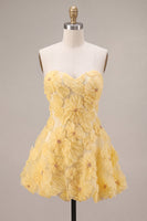 Load image into Gallery viewer, Sparkly Light Yellow A Line Sweetheart Short Cocktail Dress with 3D Flowers