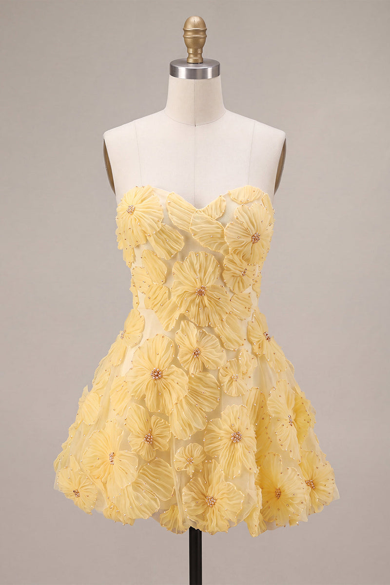 Load image into Gallery viewer, Sparkly Light Yellow A Line Sweetheart Short Cocktail Dress with 3D Flowers