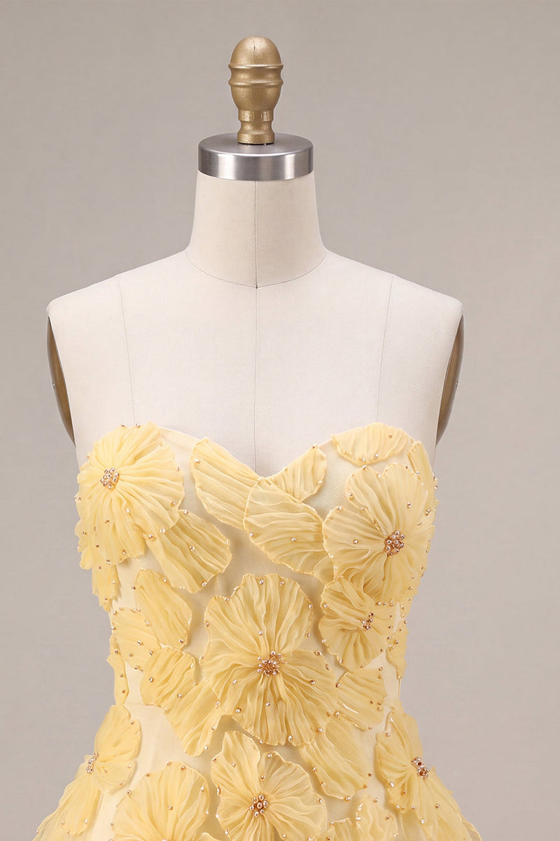 Load image into Gallery viewer, Sparkly Light Yellow A Line Sweetheart Short Cocktail Dress with 3D Flowers