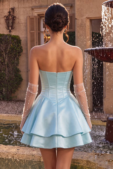 Sky Blue Satin A Line Ruffled Corset Short Cocktail Dress