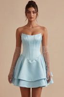Load image into Gallery viewer, Sky Blue Satin A Line Ruffled Corset Short Cocktail Dress