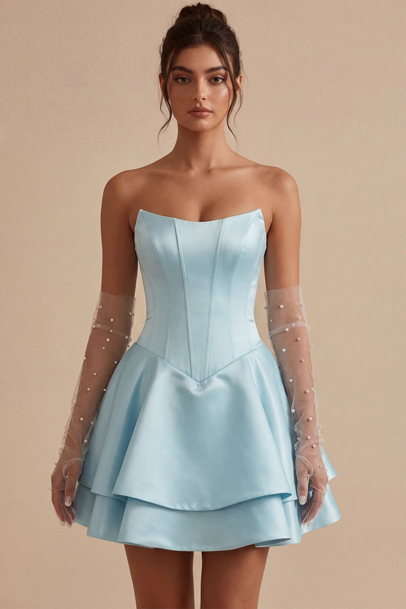 Load image into Gallery viewer, Sky Blue Satin A Line Ruffled Corset Short Cocktail Dress