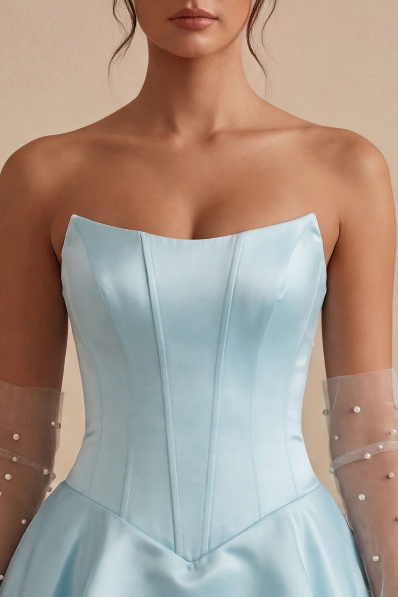 Load image into Gallery viewer, Sky Blue Satin A Line Ruffled Corset Short Cocktail Dress