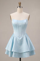 Load image into Gallery viewer, Sky Blue Satin A Line Ruffled Corset Short Cocktail Dress