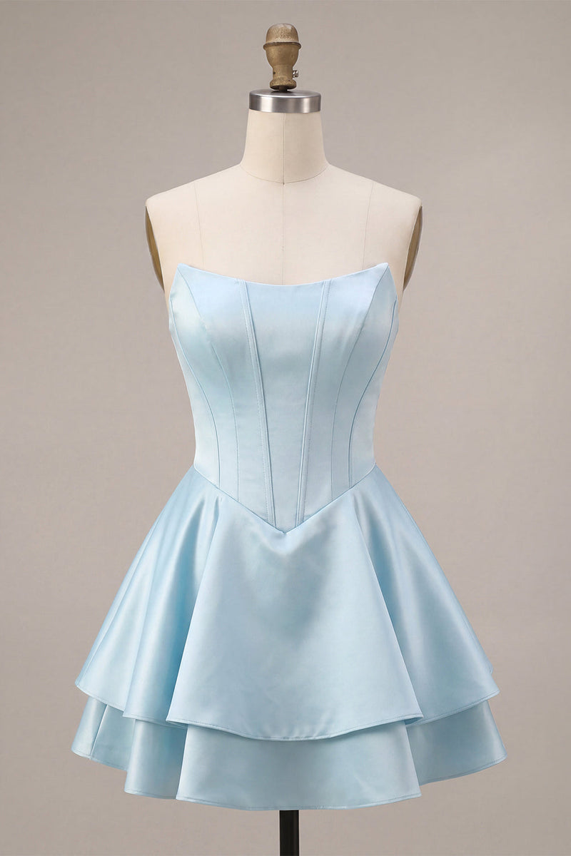 Load image into Gallery viewer, Sky Blue Satin A Line Ruffled Corset Short Cocktail Dress