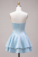 Load image into Gallery viewer, Sky Blue Satin A Line Ruffled Corset Short Cocktail Dress