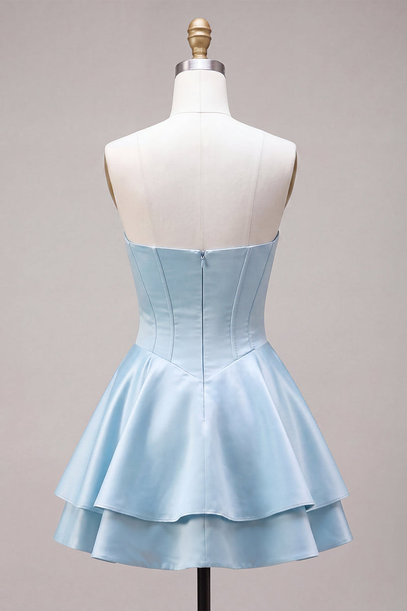 Load image into Gallery viewer, Sky Blue Satin A Line Ruffled Corset Short Cocktail Dress