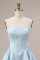 Load image into Gallery viewer, Sky Blue Satin A Line Ruffled Corset Short Cocktail Dress