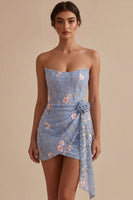 Load image into Gallery viewer, Sparkly Light Blue Tight Floral Strapless Short Cocktail Dress with Sash