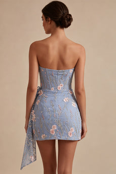 Sparkly Light Blue Tight Floral Strapless Short Cocktail Dress with Sash
