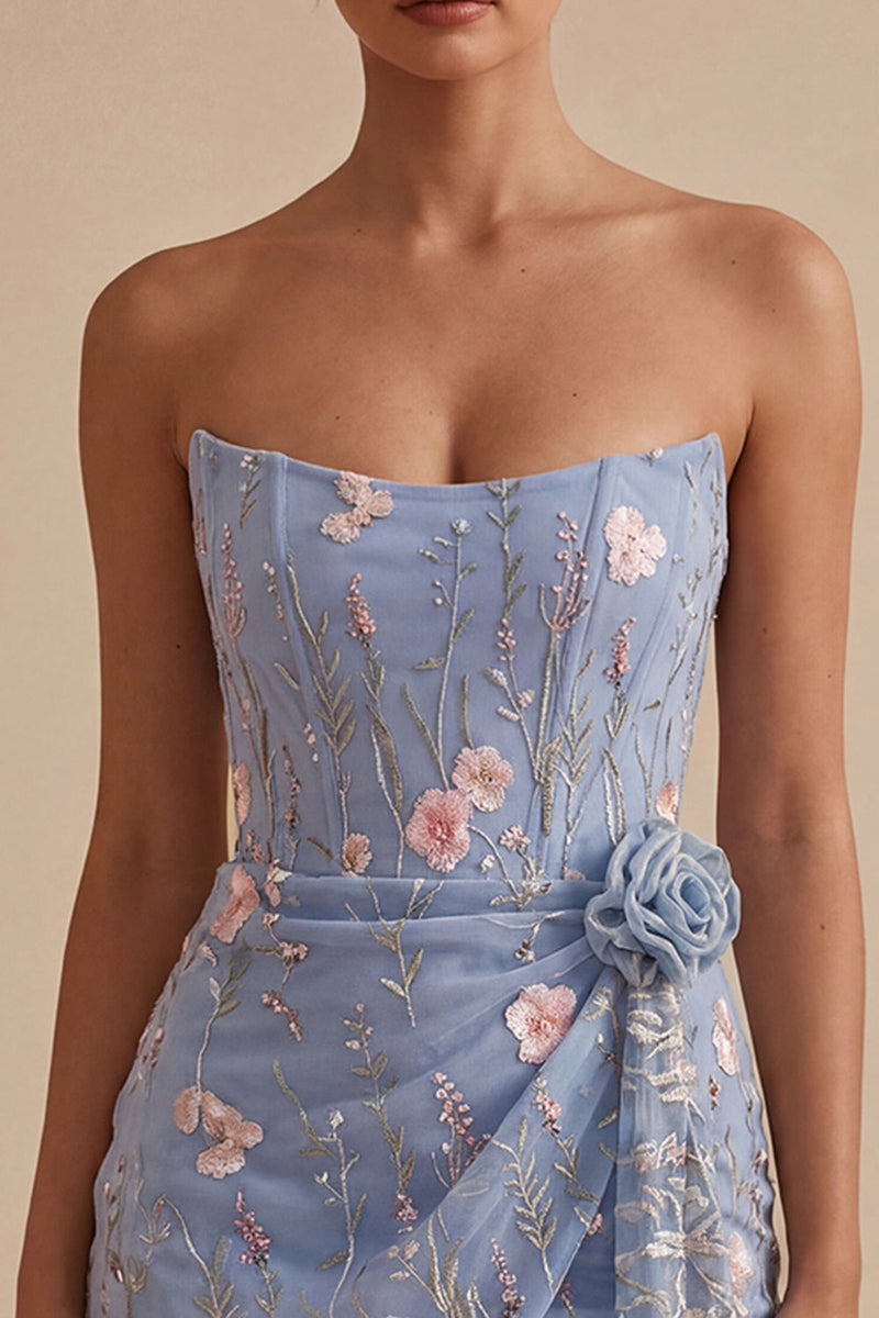 Load image into Gallery viewer, Sparkly Light Blue Tight Floral Strapless Short Cocktail Dress with Sash