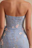 Load image into Gallery viewer, Sparkly Light Blue Tight Floral Strapless Short Cocktail Dress with Sash