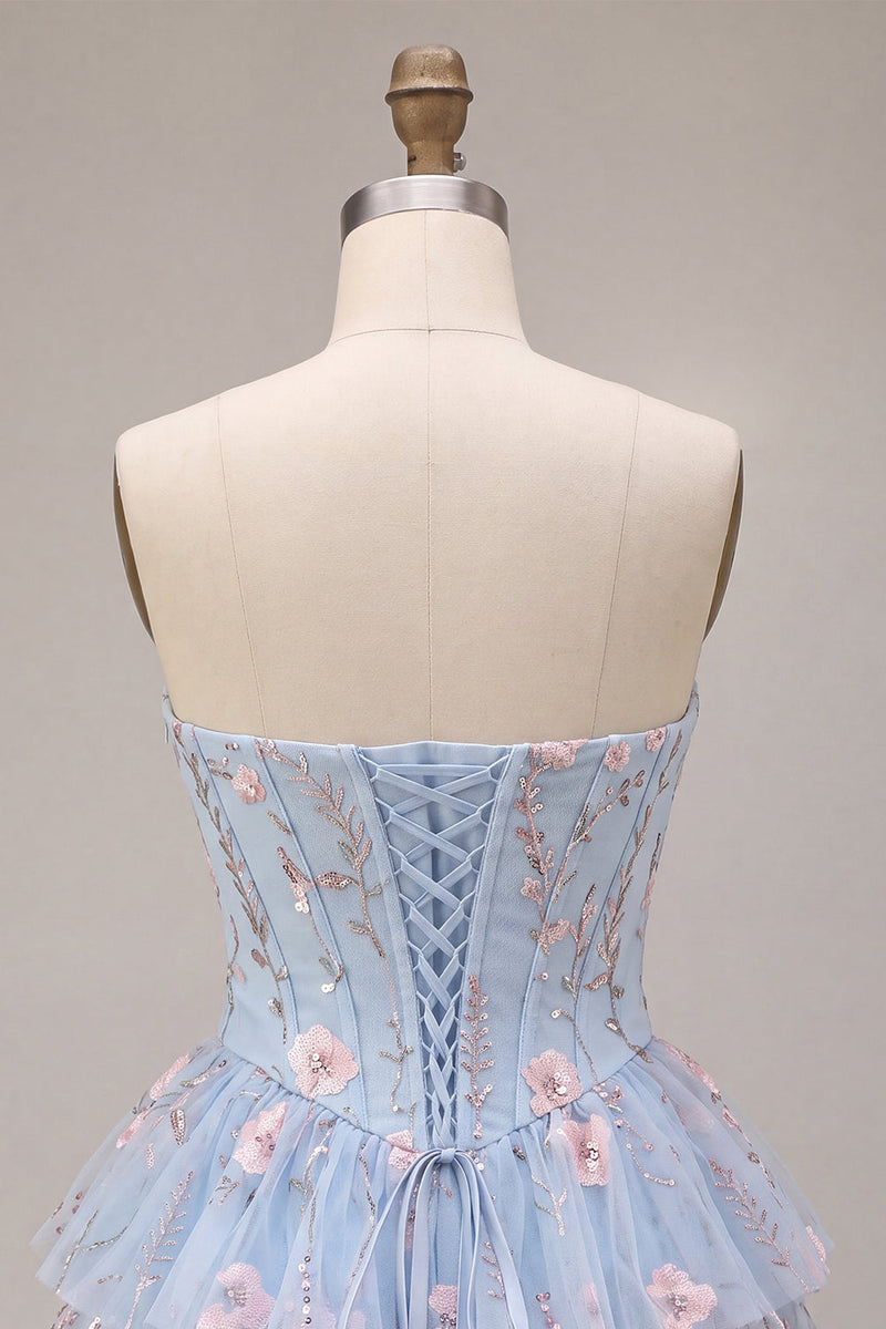 Load image into Gallery viewer, Light Blue Corset Sparkly Ruffled Floral Beaded Short Cocktail Dress