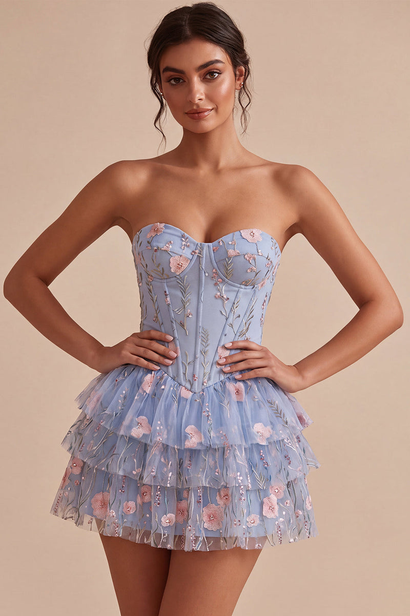 Load image into Gallery viewer, Light Blue Corset Sparkly Ruffled Floral Beaded Short Cocktail Dress