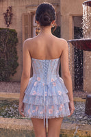 Load image into Gallery viewer, Light Blue Corset Sparkly Ruffled Floral Beaded Short Cocktail Dress