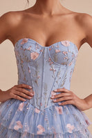 Load image into Gallery viewer, Light Blue Corset Sparkly Ruffled Floral Beaded Short Cocktail Dress
