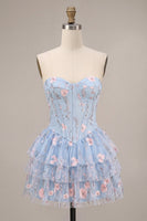 Load image into Gallery viewer, Light Blue Corset Sparkly Ruffled Floral Beaded Short Cocktail Dress