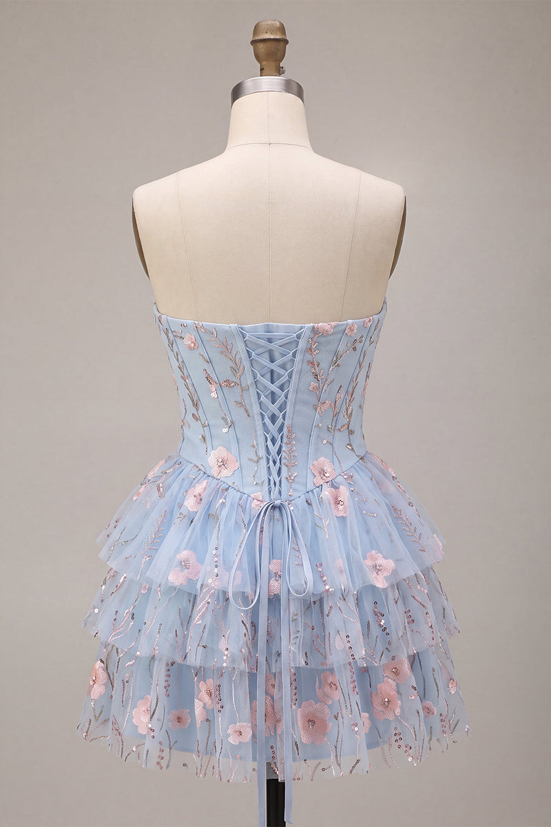 Load image into Gallery viewer, Light Blue Corset Sparkly Ruffled Floral Beaded Short Cocktail Dress