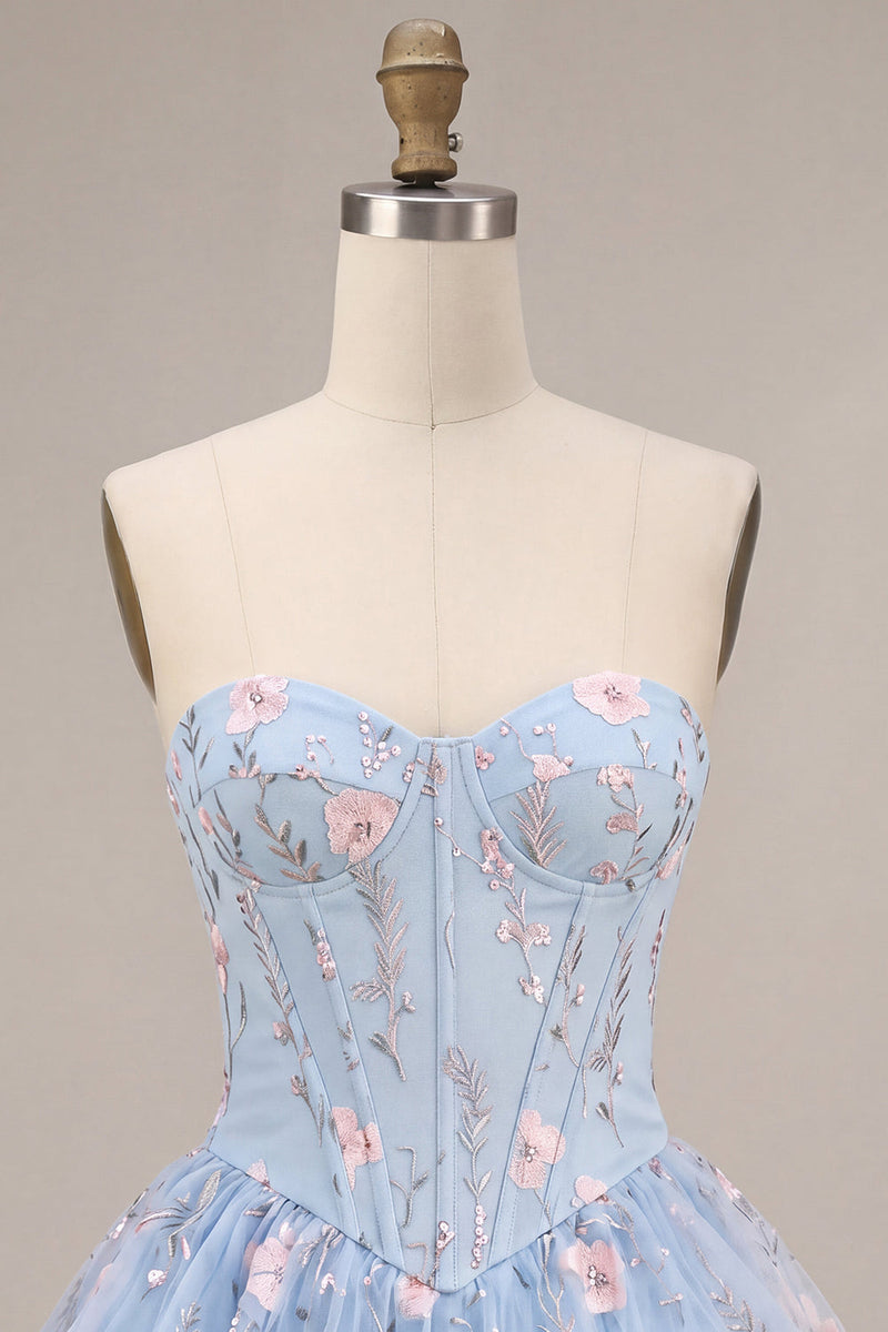Load image into Gallery viewer, Light Blue Corset Sparkly Ruffled Floral Beaded Short Cocktail Dress