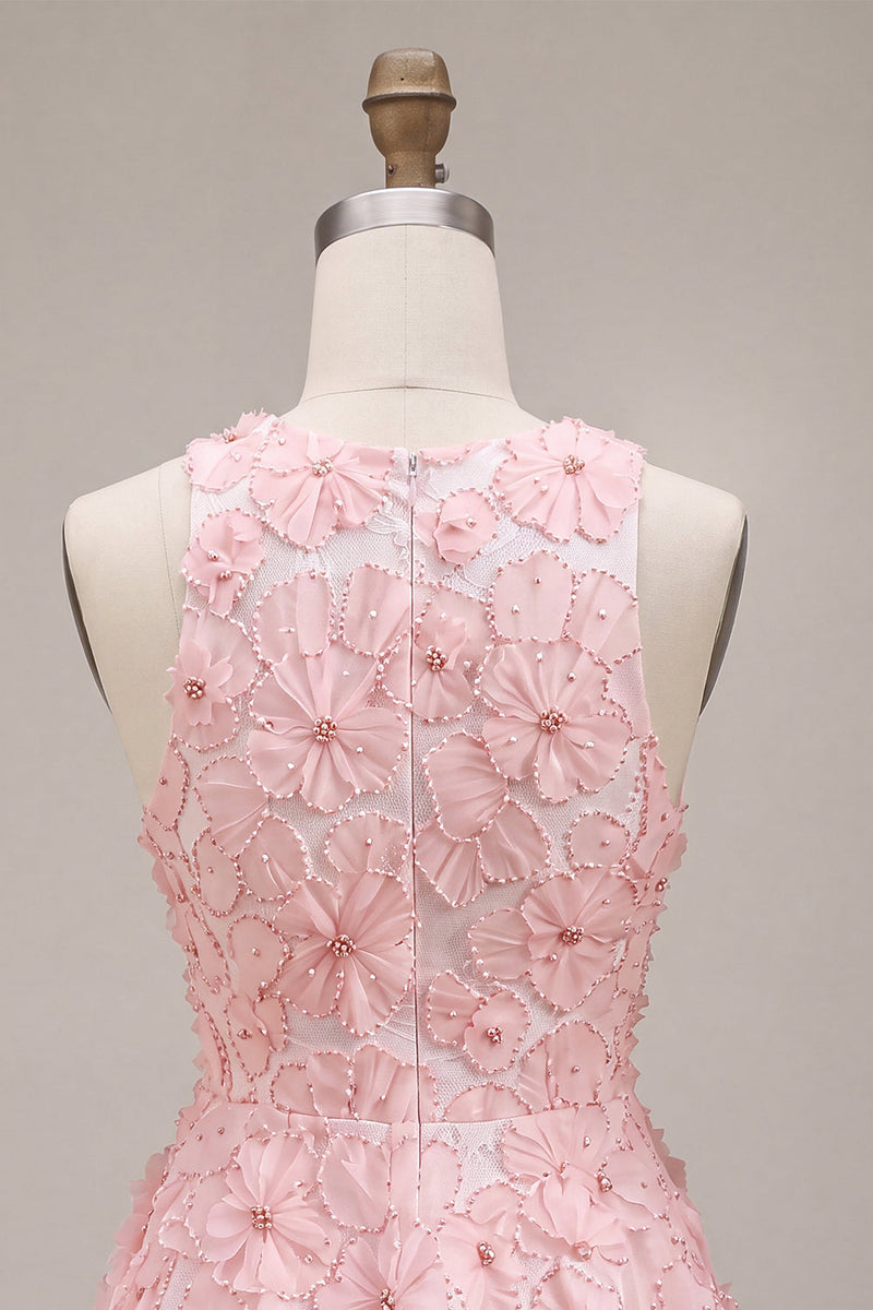 Load image into Gallery viewer, Floral Pink A Line Round Neck Short Cocktail Dress with Beading