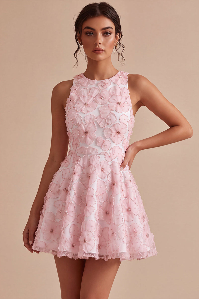 Load image into Gallery viewer, Floral Pink A Line Round Neck Short Cocktail Dress with Beading