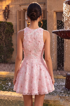 Floral Pink A Line Round Neck Short Cocktail Dress with Beading