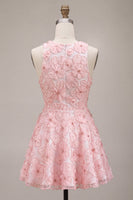 Load image into Gallery viewer, Floral Pink A Line Round Neck Short Cocktail Dress with Beading