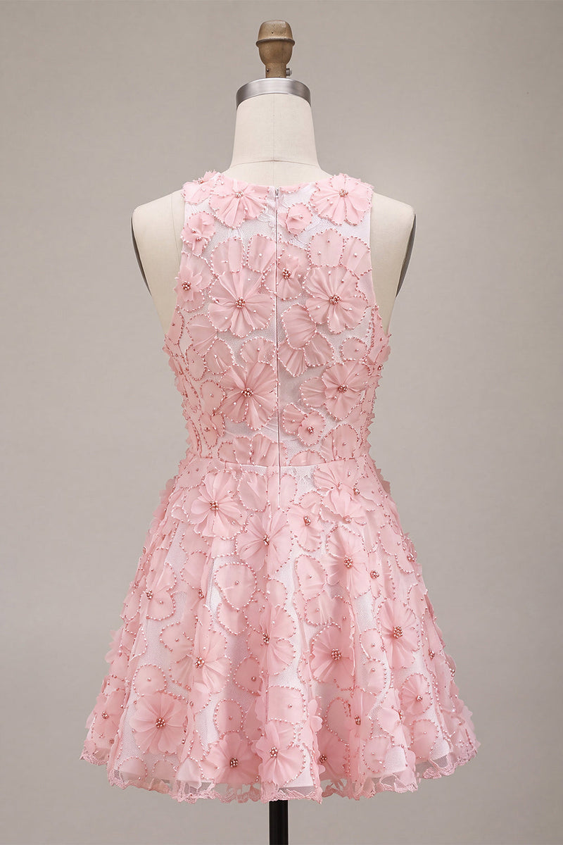 Load image into Gallery viewer, Floral Pink A Line Round Neck Short Cocktail Dress with Beading