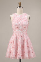 Load image into Gallery viewer, Floral Pink A Line Round Neck Short Cocktail Dress with Beading