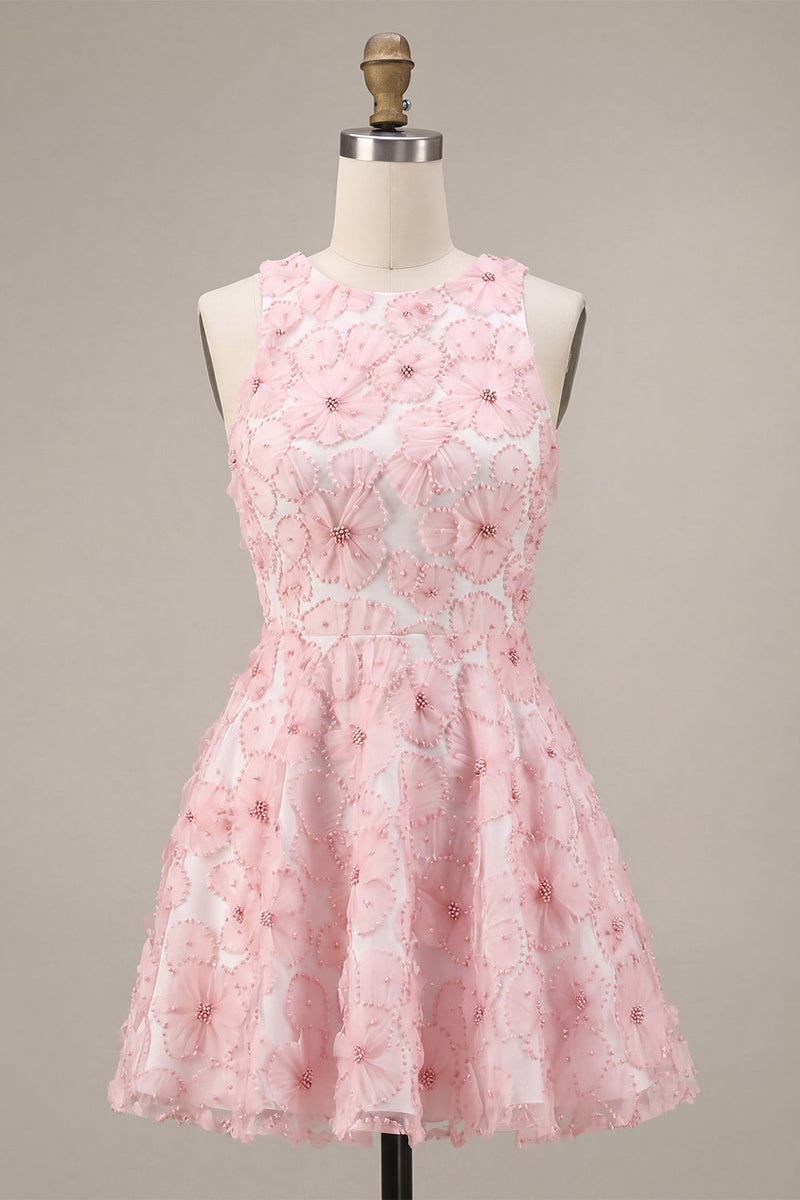 Load image into Gallery viewer, Floral Pink A Line Round Neck Short Cocktail Dress with Beading