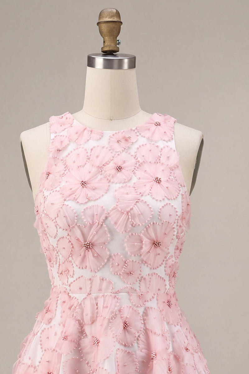 Load image into Gallery viewer, Floral Pink A Line Round Neck Short Cocktail Dress with Beading