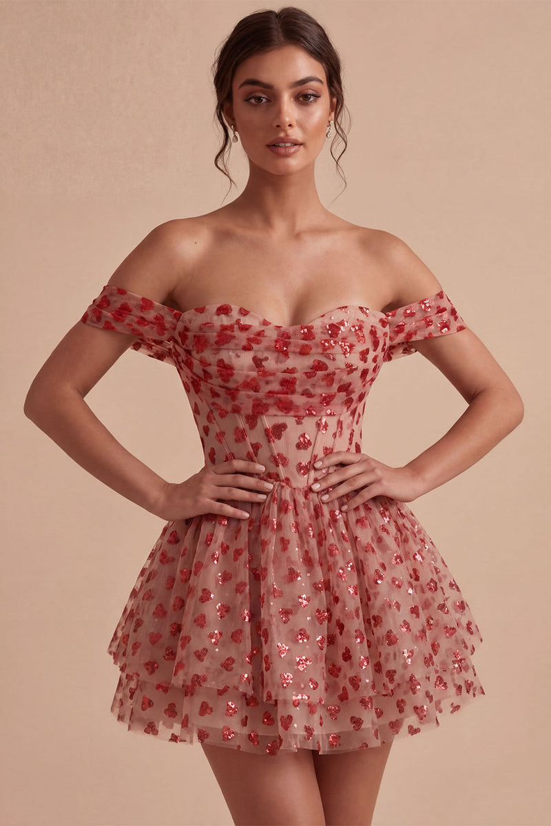 Load image into Gallery viewer, Red Sparkly Corset A Line Sequins Ruffled Short Cocktail Dress