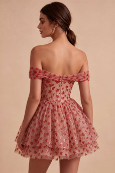 Red Sparkly Corset A Line Sequins Ruffled Short Cocktail Dress