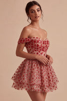 Load image into Gallery viewer, Red Sparkly Corset A Line Sequins Ruffled Short Cocktail Dress