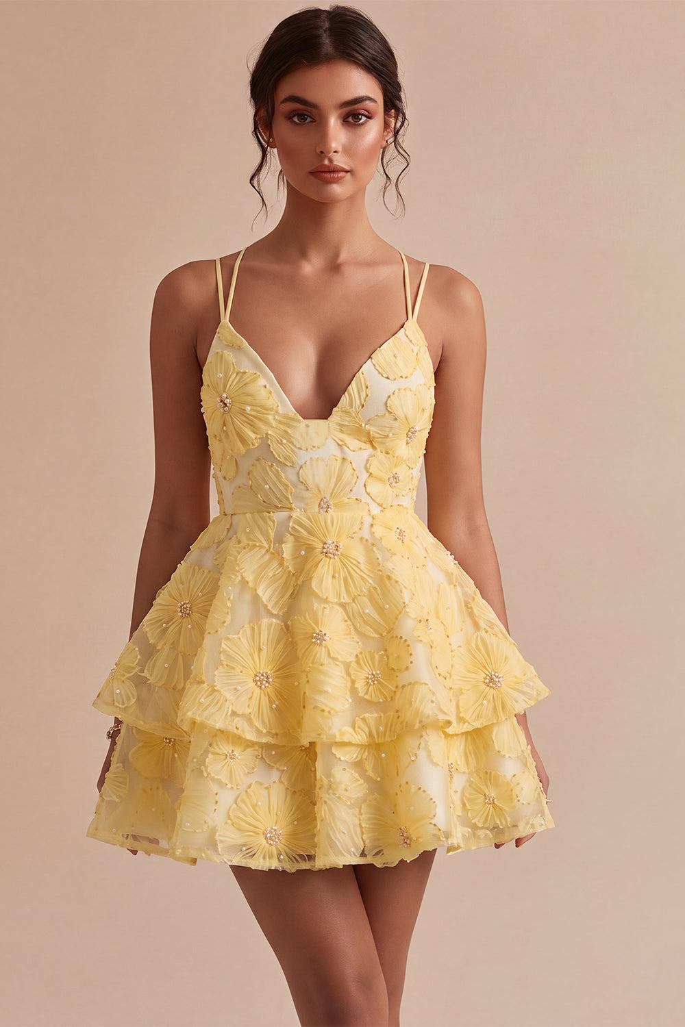 Floral Light Yellow Tiered A Line Beaded Short Cocktail Dress with Ruffles