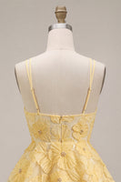 Load image into Gallery viewer, Floral Light Yellow Tiered A Line Beaded Short Cocktail Dress with Ruffles