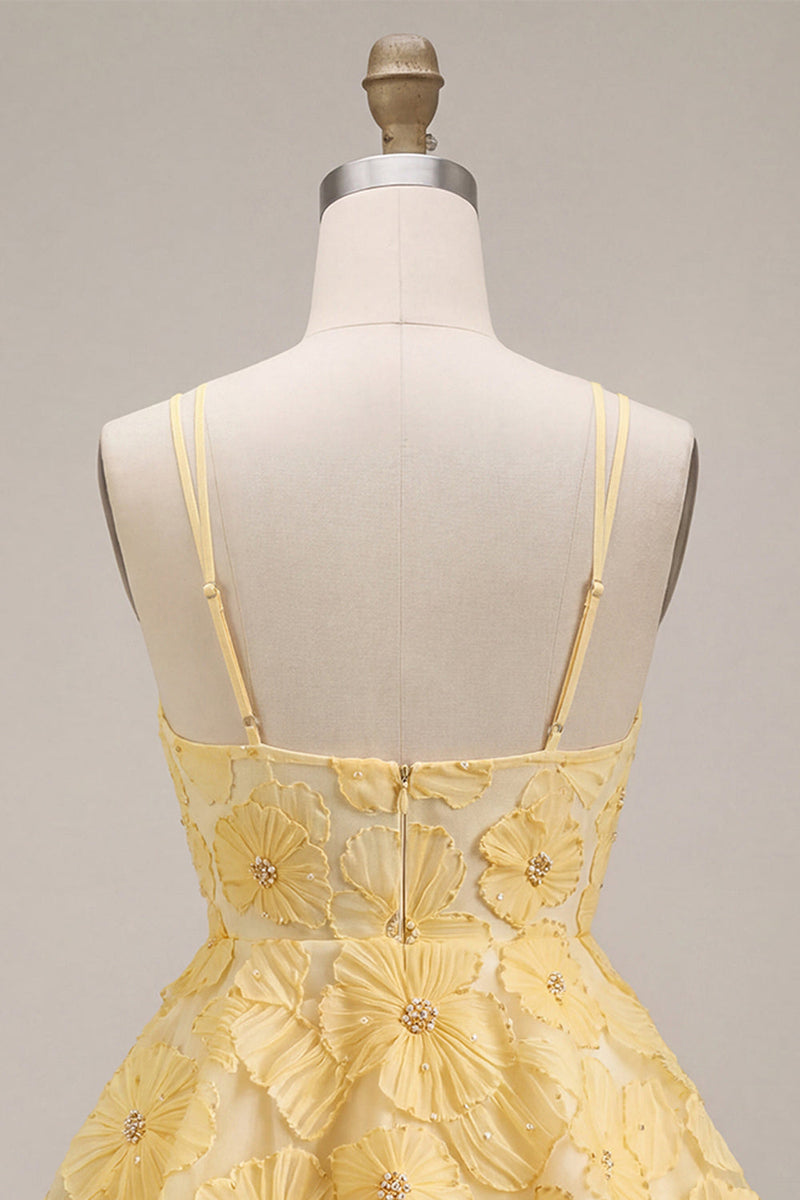 Load image into Gallery viewer, Floral Light Yellow Tiered A Line Beaded Short Cocktail Dress with Ruffles