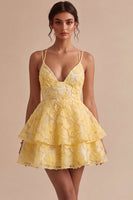 Load image into Gallery viewer, Floral Light Yellow Tiered A Line Beaded Short Cocktail Dress with Ruffles