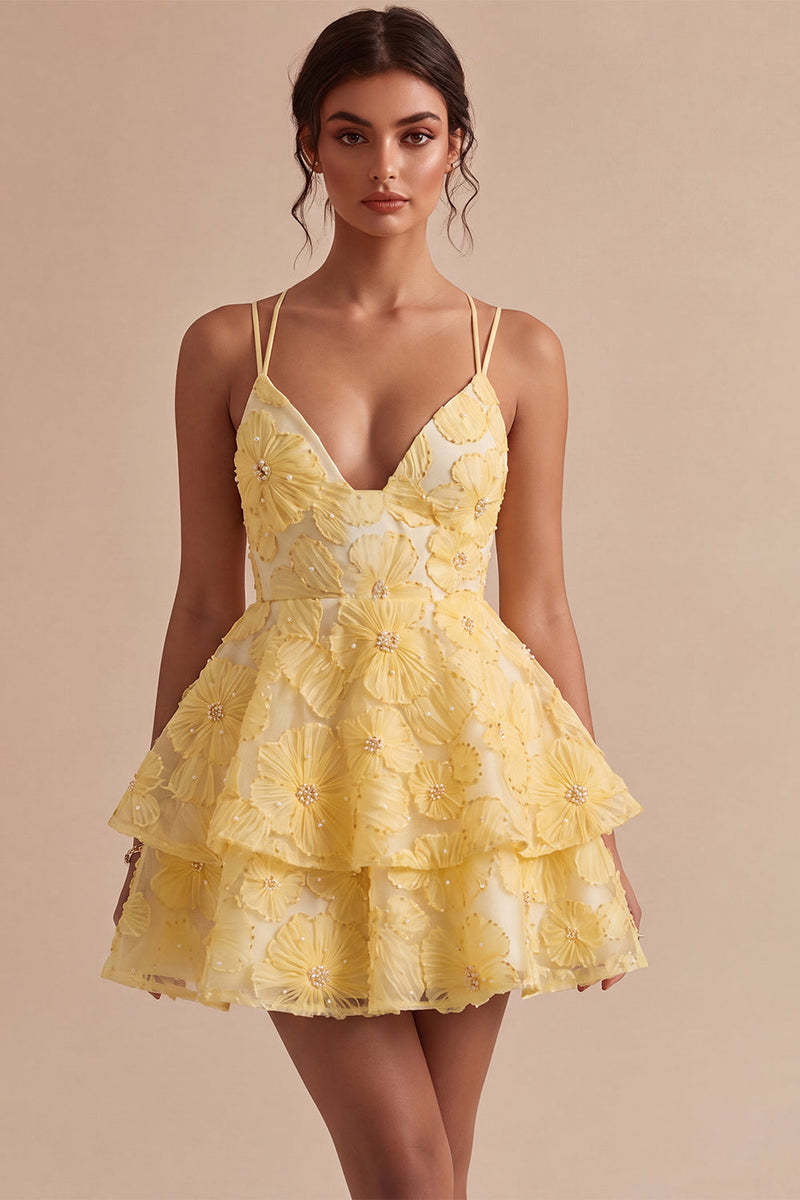 Load image into Gallery viewer, Floral Light Yellow Tiered A Line Beaded Short Cocktail Dress with Ruffles