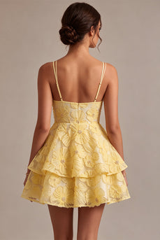 Floral Light Yellow Tiered A Line Beaded Short Cocktail Dress with Ruffles