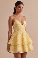 Load image into Gallery viewer, Floral Light Yellow Tiered A Line Beaded Short Cocktail Dress with Ruffles